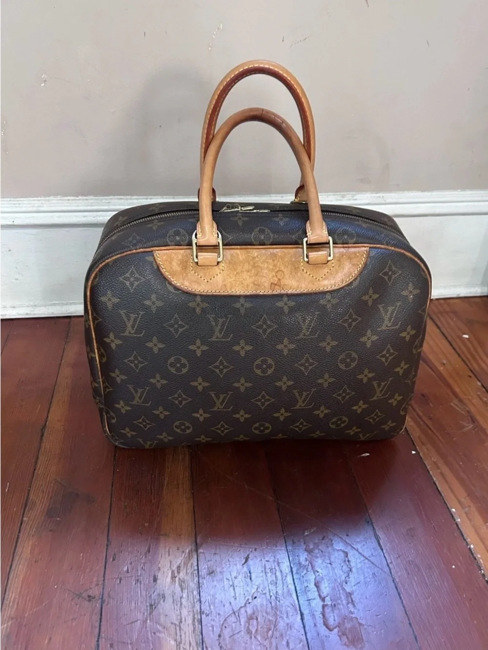 Louis Vuitton Brown Monogram Satchel with Natural Leather Handles Deauville